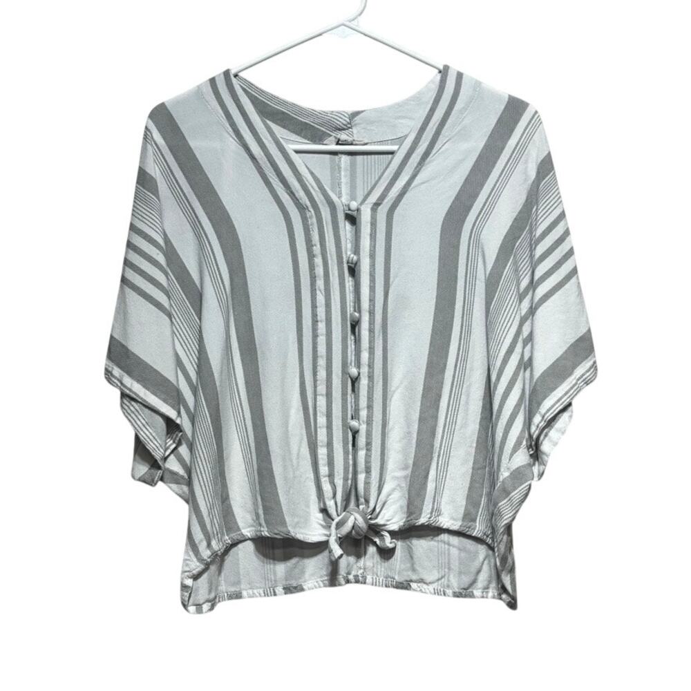Sim & Sam Women's Medium Gray Striped Tie Front Button Blouse Batwing Sleeve